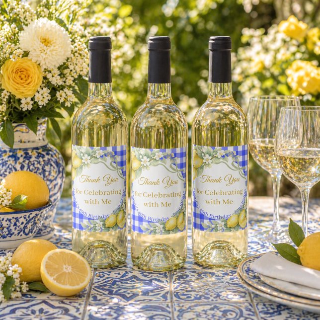 Lemons blue gingham bow Italian Thank You Birthday Wine Label (Creator Uploaded)