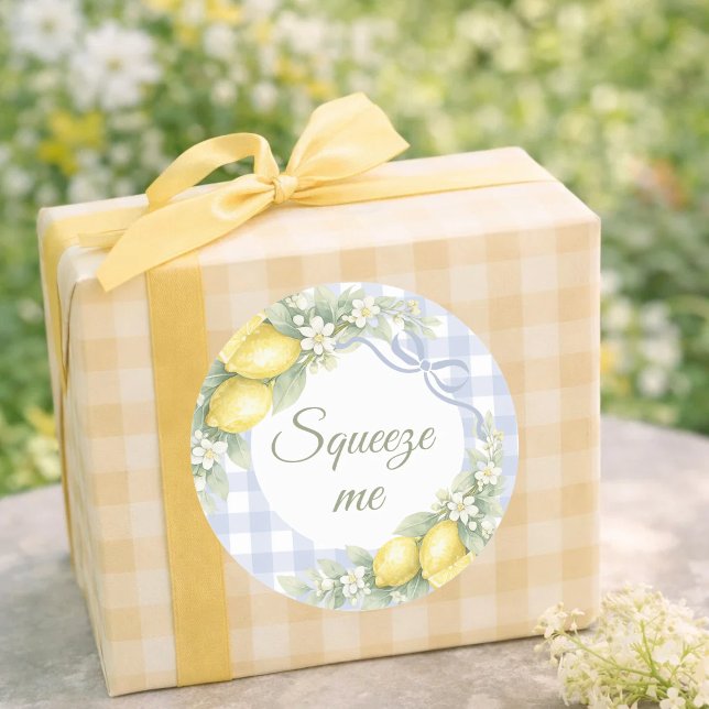 Lemons blue gingham boy squeeze me party favor classic round sticker (Creator Uploaded)