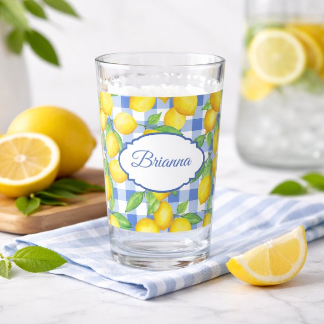 Lemons & Blue Gingham Personalized Glass (Creator Uploaded)