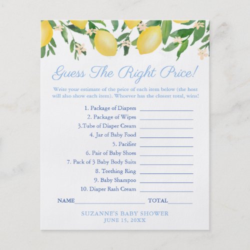 Lemons Blue Guess The Right Price Baby Shower Game Flyer