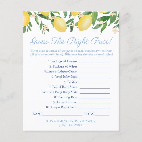 Lemons Blue Guess The Right Price Baby Shower Game Flyer