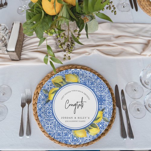 Lemons  Blue Mediterranean Tile Engagement Party Paper Plates