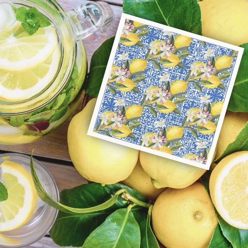 Lemons  Blue Mediterranean Tile Wedding Shower Napkins