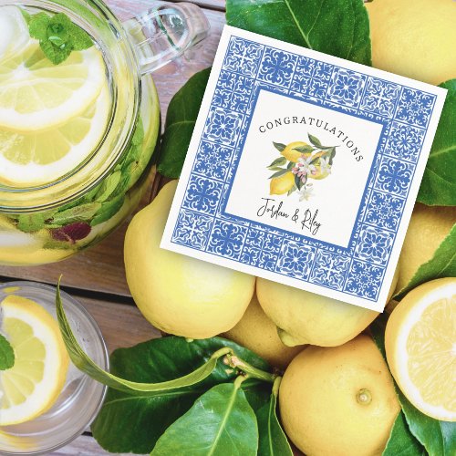 Lemons  Blue Mediterranean Tile Wedding Shower Napkins