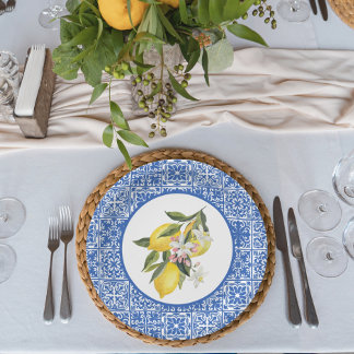 Lemons & Blue Mediterranean Tile Wedding Shower Paper Plates