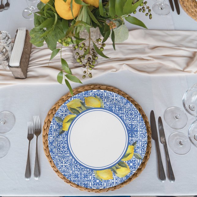 Lemons & Blue Mediterranean Tile Wedding Shower Paper Plates (Creator Uploaded)