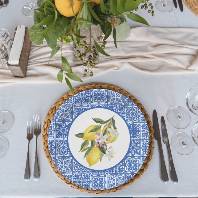 Lemons & Blue Mediterranean Tile Wedding Shower Paper Plates (Creator Uploaded)