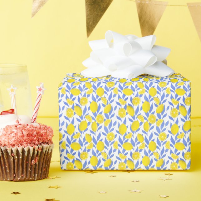 Lemons Blue Mediterranean Wrapping Paper (Birthday Party)