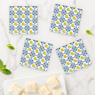 Lemons & Blue Moroccan Tile Pattern Coaster Set