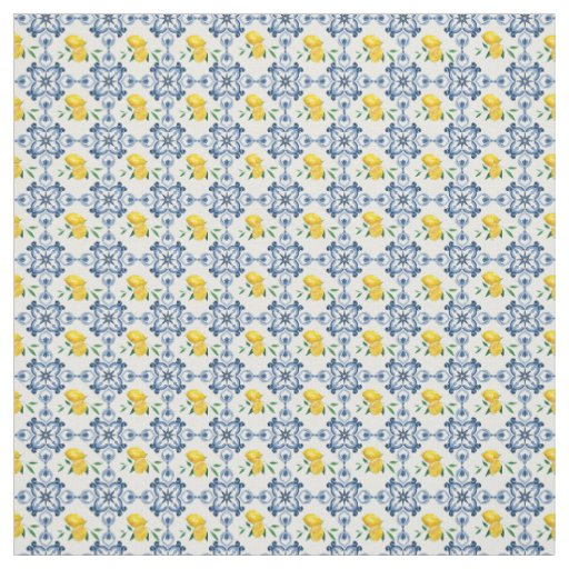 Lemons & Blue Moroccan Tile Pattern Fabric