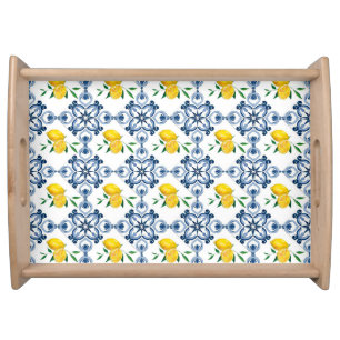 Lemons & Blue Moroccan Tile Pattern Serving Tray