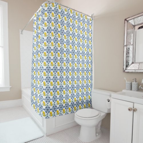 Lemons  Blue Moroccan Tile Pattern Shower Curtain