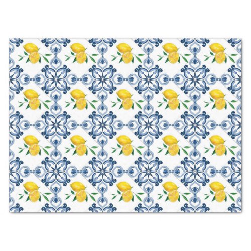 Lemons  Blue Moroccan Tile Pattern Tissue Paper