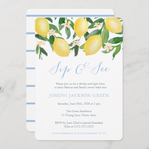 Lemons Blue Sip and See party meet new baby boy Invitation