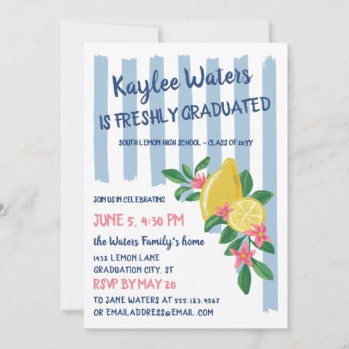 Lemons & Blue Stripes Freshly Graduated Party Invitation