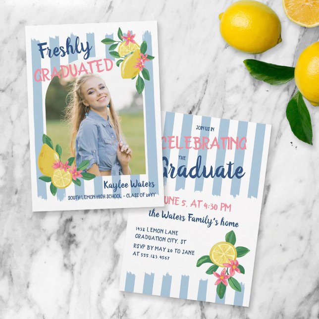Lemons & Blue Stripes Freshly Graduated Photo Invitation (Creator Uploaded)