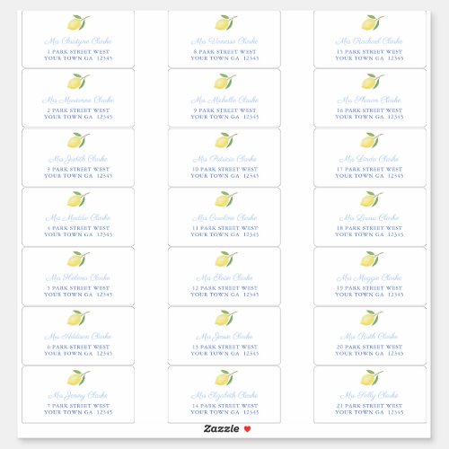 Lemons Blue Text Guest Envelope Address Labels