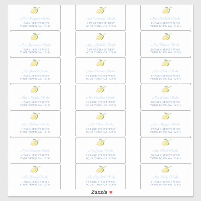 Lemons Blue Text Guest Envelope Address Labels (Sheet)