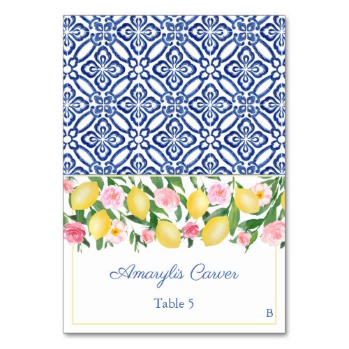 Lemons Blue Tile Meal Choice Wedding Place Card