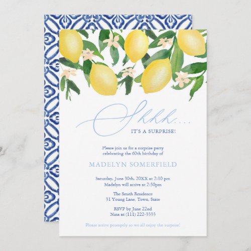 Lemons Blue Tiles Female Surprise Birthday Party Invitation - Invite guests to a surprise birthday or retirement party with these feminine and fashionable invitations featuring vibrant watercolor lemons and glossy green leaves, complemented by cobalt blue and white tile reverse.