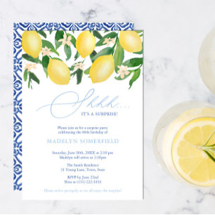 Lemons Blue Tiles Female Surprise Birthday Party Invitation