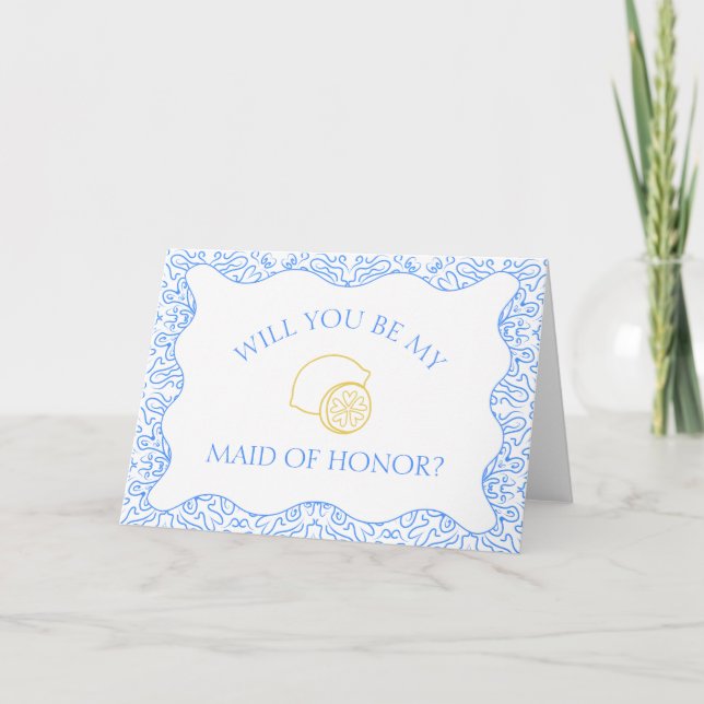 Lemons Blue Tiles Italian Maid of Honor Proposal Card (Front)