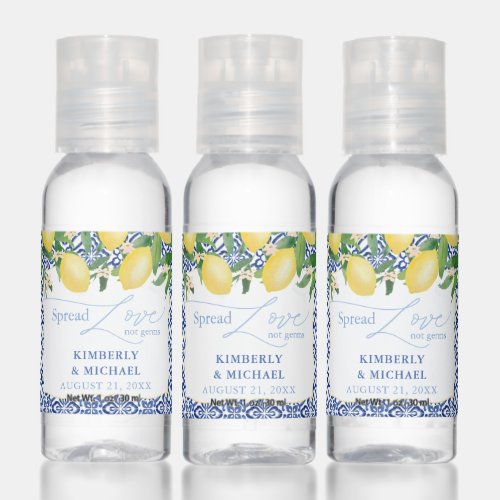 Lemons Blue Tiles Wedding Spread Love Not Germs Hand Sanitizer - A bold hand-sanitizer label design with vintage blue and white tile pattern and watercolor lemons / pretty pale blossoms. Would work great as a favor, part of a welcome pack or for a few to be on each table.