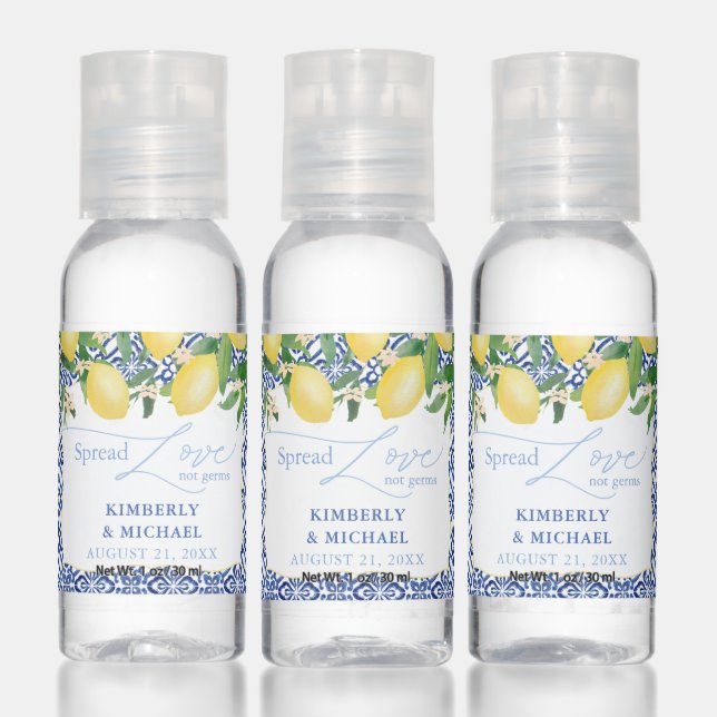 Lemons Blue Tiles Wedding Spread Love Not Germs Hand Sanitizer (Set)