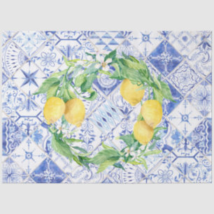Lemons Blue White Rustic Farmhouse Tile Decoupage Tissue Paper