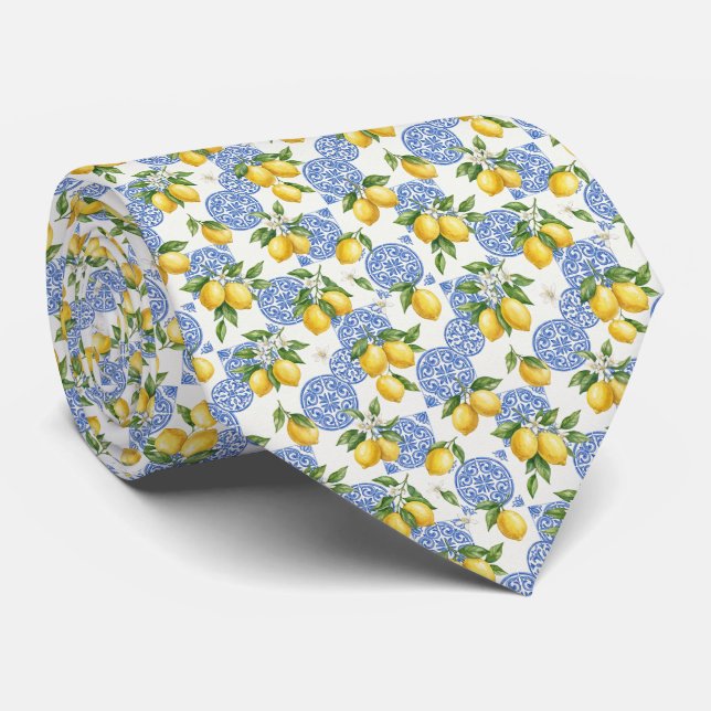 Lemons Blue White Tile Mediterranean Wedding Groom Neck Tie (Rolled)