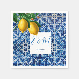 Lemons Blue White Tile Summer Monogram Napkins