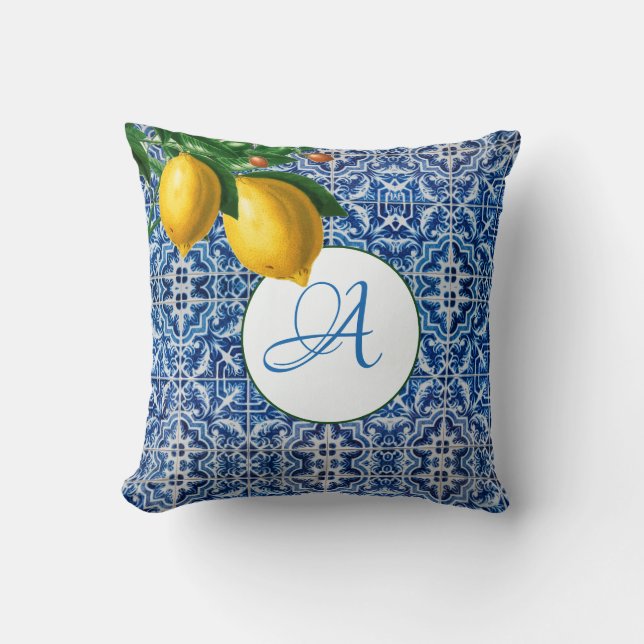 Lemons Blue White Tile Summer Monogram Throw Pillow (Front)