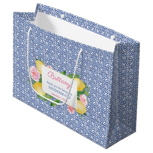 Lemons Blue White Tiles Maid Of Honor Thank You Large Gift Bag