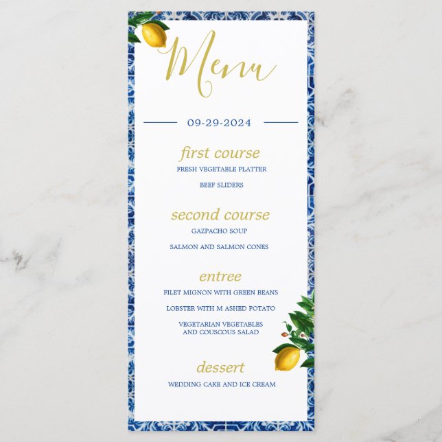 Lemons Blue White Tiles Summer Monogram Menu (Front)