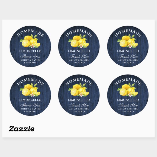 Lemons Blue Wood Wedding Thanks Limoncello Classic Round Sticker (Sheet)