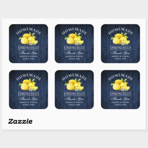 Lemons Blue Wood Wedding Thanks Limoncello Square Sticker