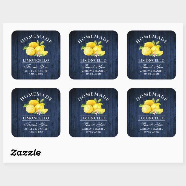 Lemons Blue Wood Wedding Thanks Limoncello Square Sticker (Sheet)