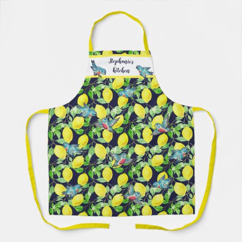 Lemons  Bluebirds Vintage Pattern Custom Navy Apron