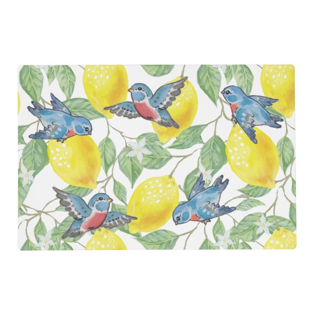 Lemons & Bluebirds Vintage Pattern Reversible Cute Placemat (Front)