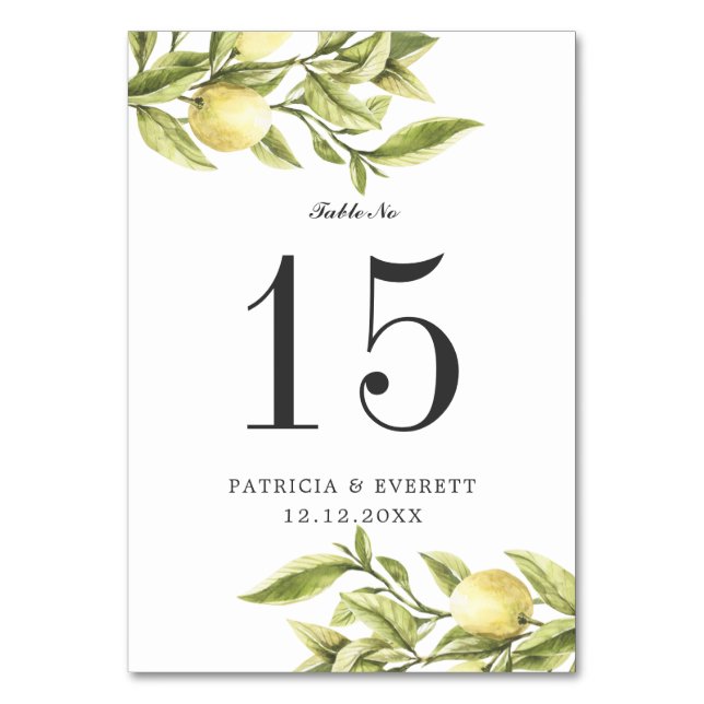 Lemons boho WEDDING Personalized Table Number (Front)