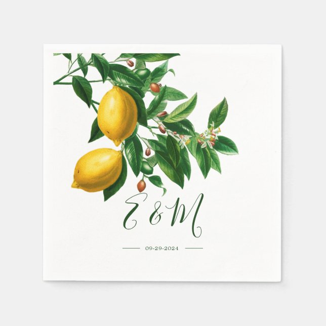 Lemons Botanical Green White Summer Monogram Napkins (Front)