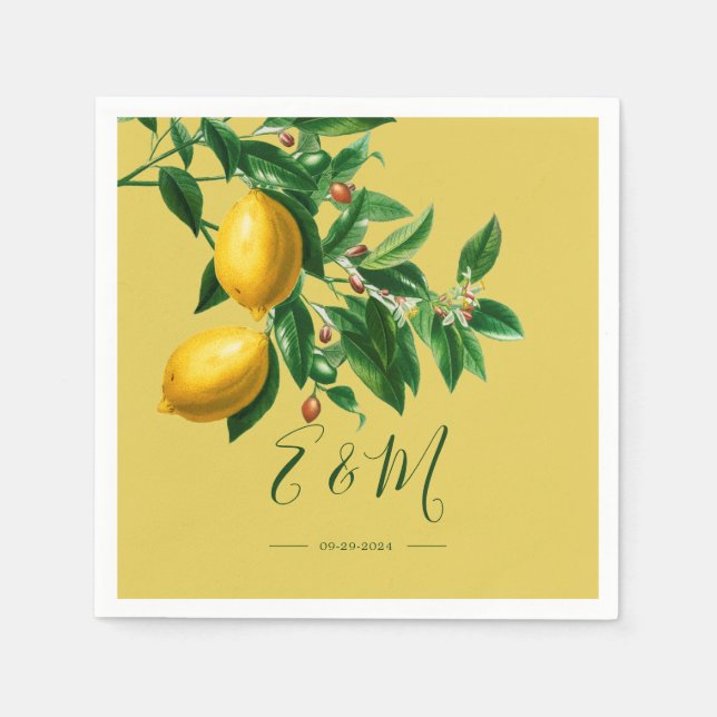 Lemons Botanical Green Yellow Summer Monogram Napkins (Front)