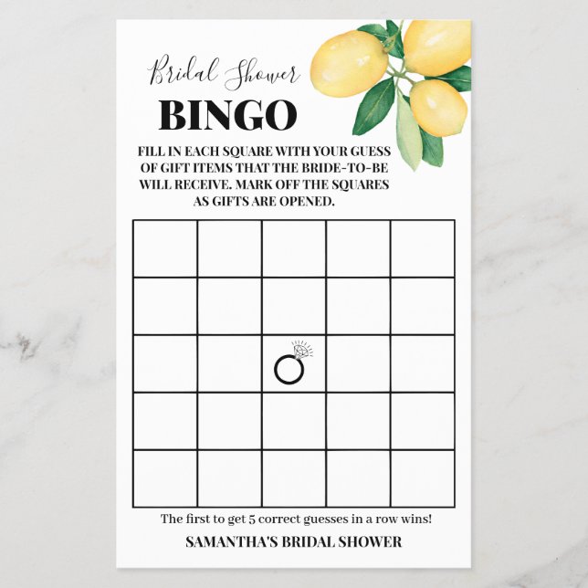 Lemons Bridal Shower Bingo Game Card Flyer (Front)