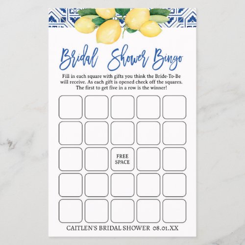 Lemons Bridal Shower Bingo Mediterranean Blue Flyer