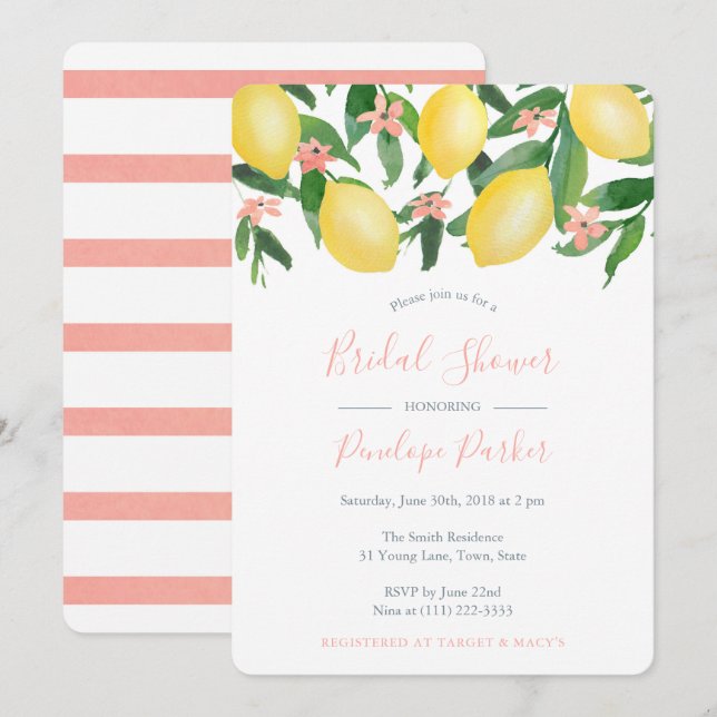 Lemons Bridal Shower, Citrus Yellow and Soft Pink Invitation (Front/Back)