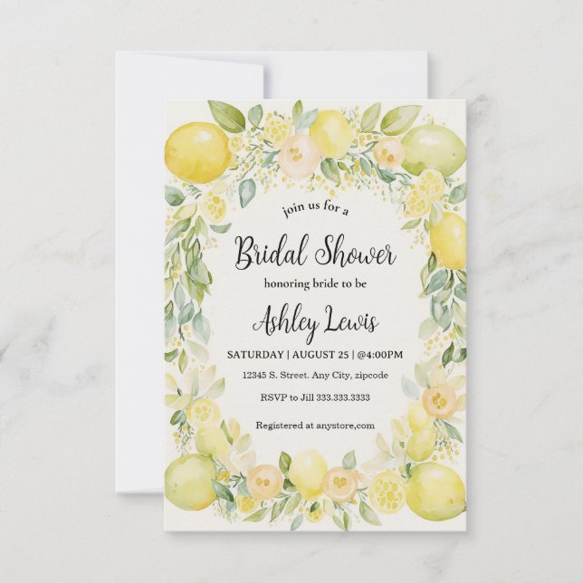 Lemons Bridal shower invitation, Yellow invitation (Front)