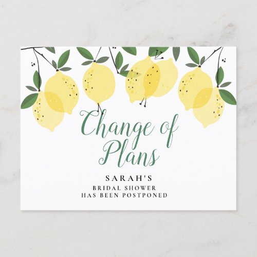 Lemons Change of Plans Postponed Bridal Shower Announcement Postcard