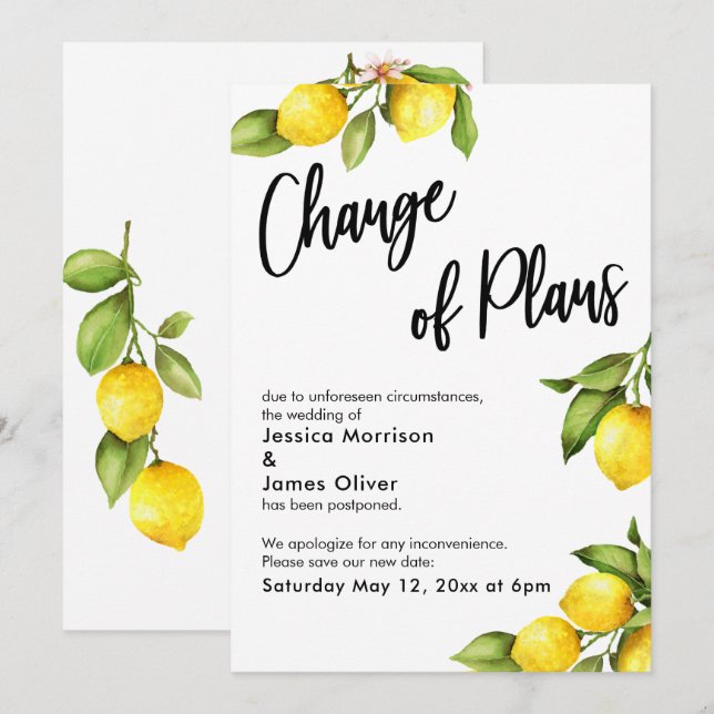 Lemons Change of Plans Postponed Wedding Card (Front/Back)