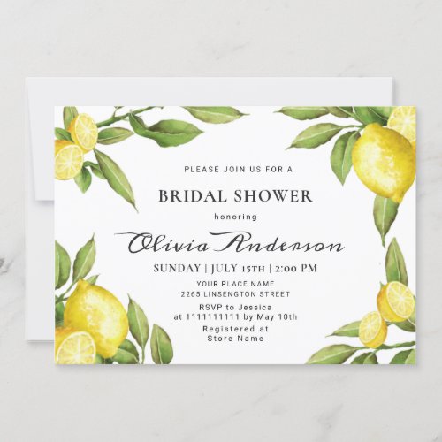 Lemons Chic Greenery  Watercolor Bridal Shower Invitation