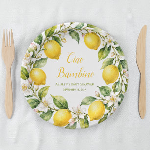 Lemons Ciao Bambino Watercolor Script Baby Shower Paper Plates